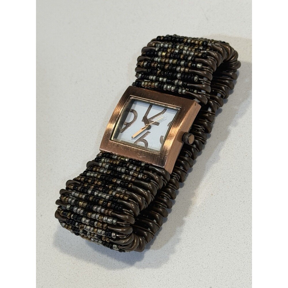 Vintage Copper Tone Square Face Watch Beaded Safety Pin Stretch Cuff New Battery